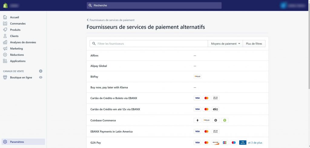 Fournisseurs de services de paiement alternatifs Shopify